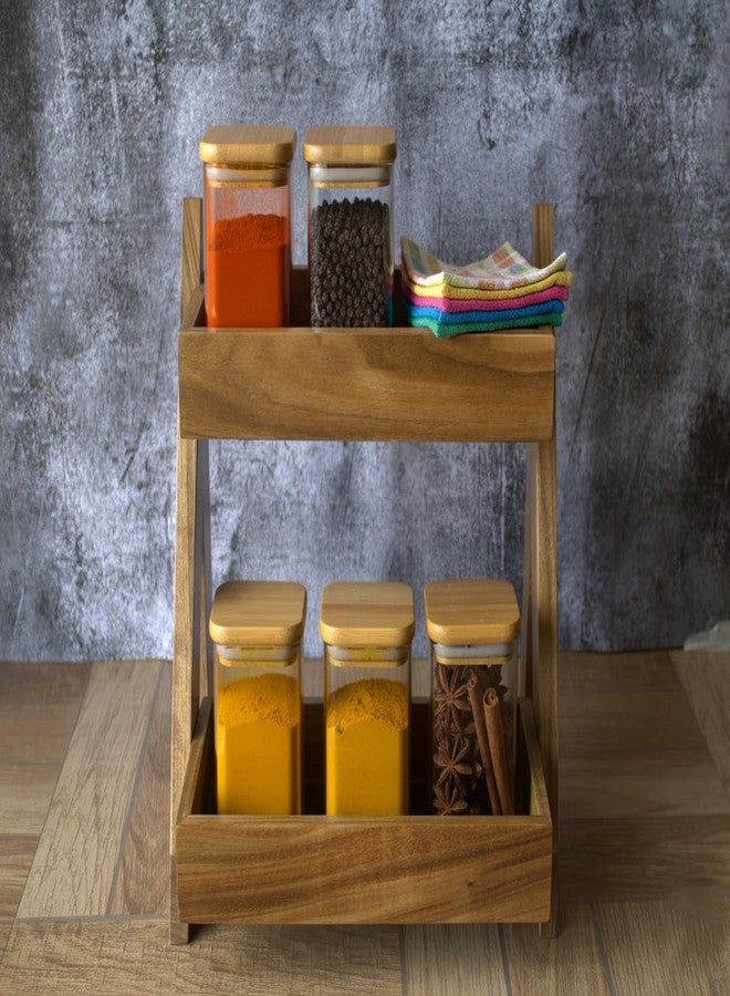 WOODKIT Multipurpose Wooden Triangluar Spice Rack | Kitchen Countertop Organizer | 2-Tiered Shelf Kitchen Storage Organizer Shelves | Jars And Bottle Holder & Decor Item Acacia Wood (Modern) - Image 1